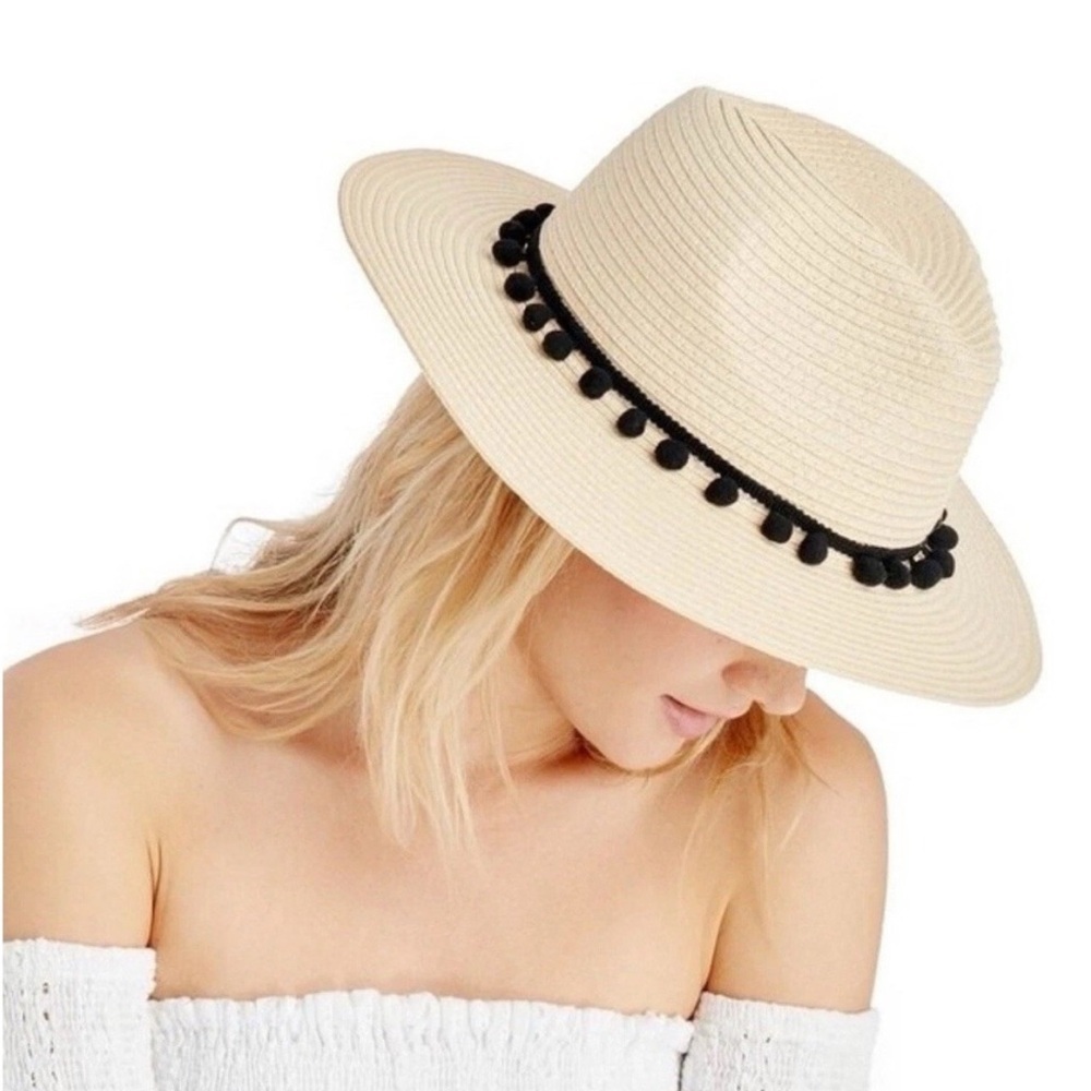 Sole Society Cream Straw Hat with Black Pom Trim